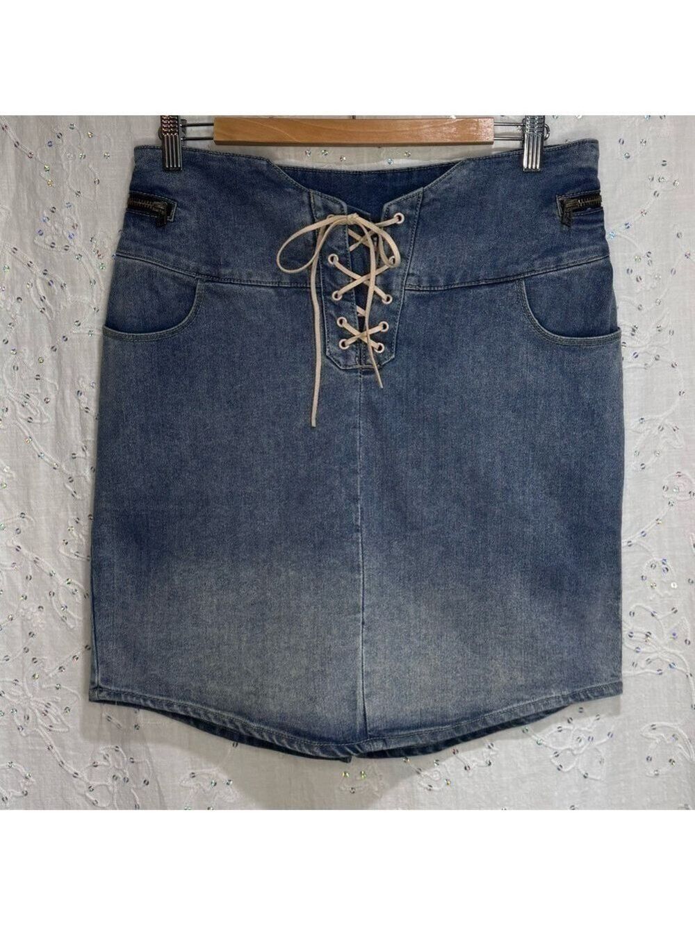 VENUS Lace Up Pencil Fit Denim Mini Skirt High-Waisted Size 6 (30”) Like New